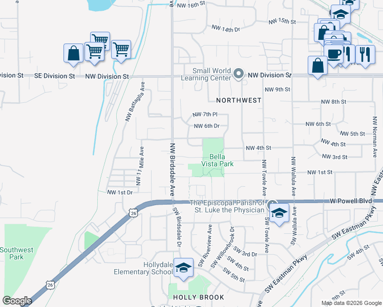 map of restaurants, bars, coffee shops, grocery stores, and more near 2110 Northwest 3rd Street in Gresham