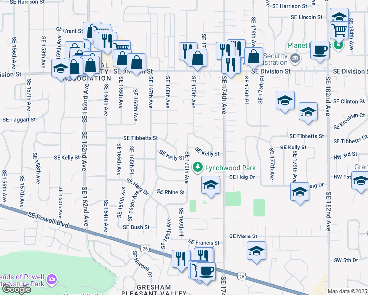 map of restaurants, bars, coffee shops, grocery stores, and more near 3136 Southeast 169th Avenue in Portland