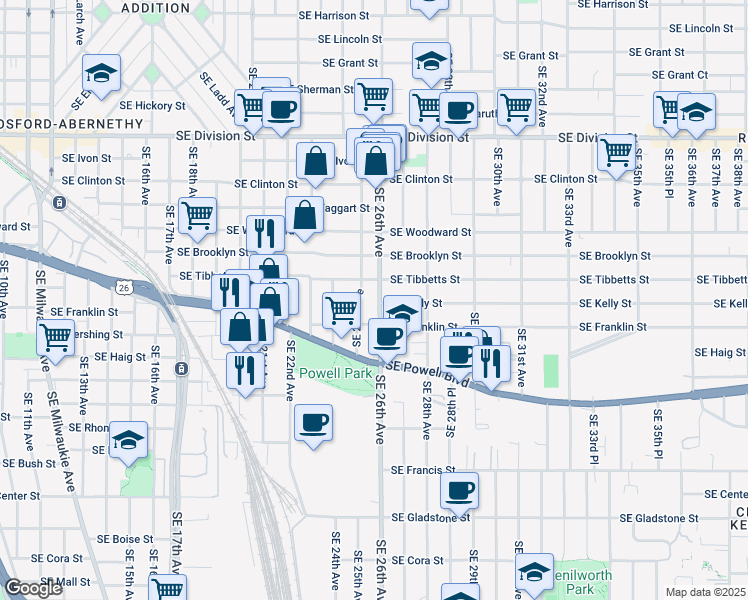 map of restaurants, bars, coffee shops, grocery stores, and more near 3219 Southeast 26th Avenue in Portland