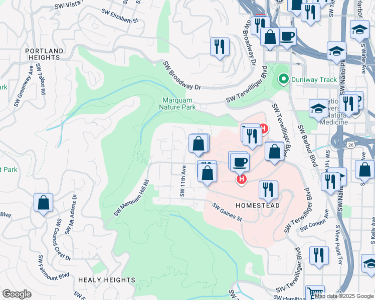 map of restaurants, bars, coffee shops, grocery stores, and more near 3216 Southwest 11th Avenue in Portland