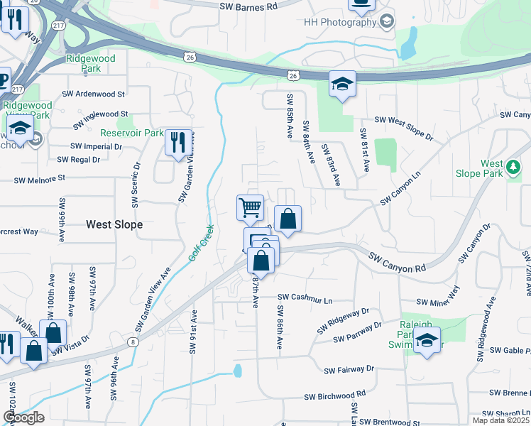 map of restaurants, bars, coffee shops, grocery stores, and more near 8657 Southwest Canyon Lane in Portland