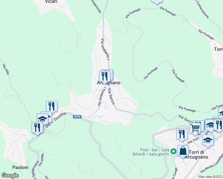map of restaurants, bars, coffee shops, grocery stores, and more near 55 Via Giardini in Torri di Arcugnano