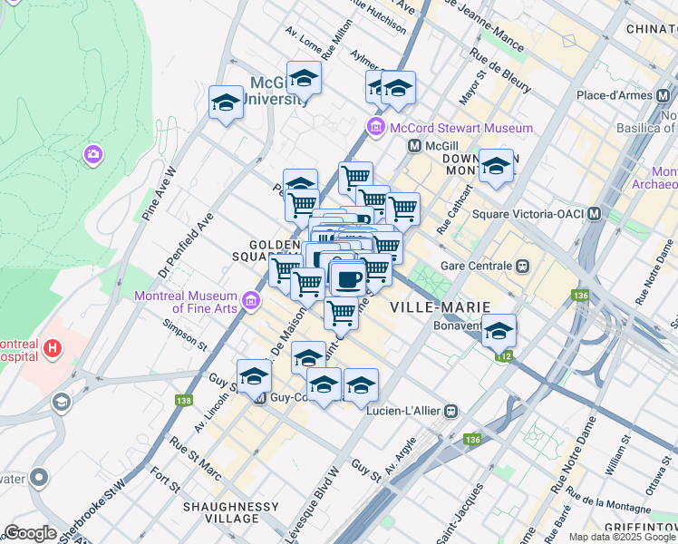 map of restaurants, bars, coffee shops, grocery stores, and more near in Montreal