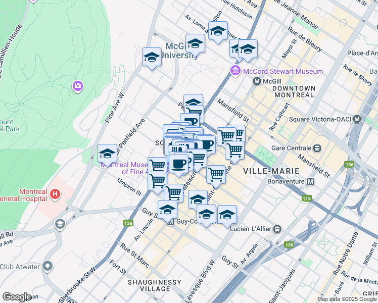map of restaurants, bars, coffee shops, grocery stores, and more near 2100 Rue Drummond in Montréal
