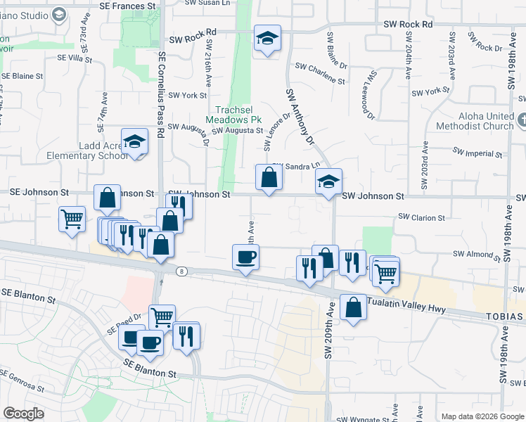 map of restaurants, bars, coffee shops, grocery stores, and more near 2800 Southwest 214th Avenue in Aloha