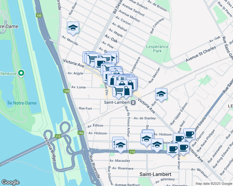 map of restaurants, bars, coffee shops, grocery stores, and more near 222 Rue de Woodstock in Saint-Lambert