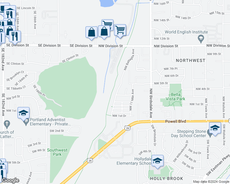 map of restaurants, bars, coffee shops, grocery stores, and more near 417 Northwest Battaglia Avenue in Gresham