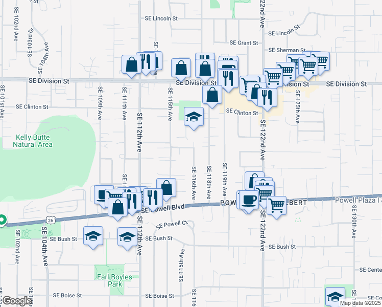 map of restaurants, bars, coffee shops, grocery stores, and more near 3045 Southeast 116th Avenue in Portland