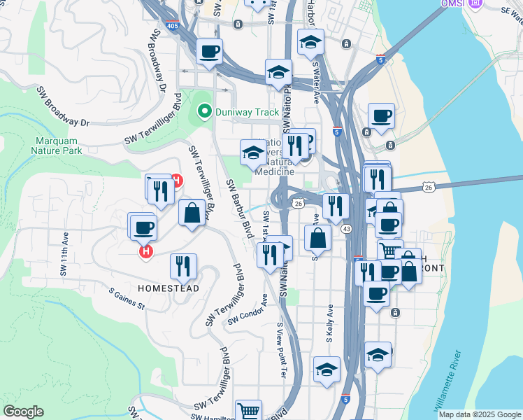 map of restaurants, bars, coffee shops, grocery stores, and more near 105 Southwest Gibbs Street in Portland