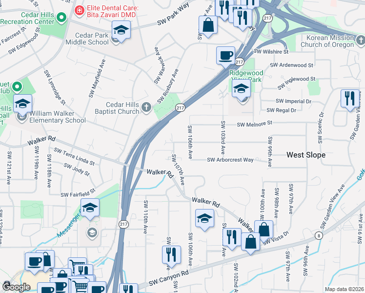 map of restaurants, bars, coffee shops, grocery stores, and more near 10640 Southwest Hawthorne Lane in Portland