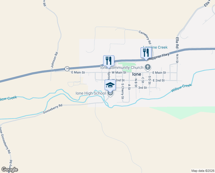 map of restaurants, bars, coffee shops, grocery stores, and more near 260 Spring Street in Ione