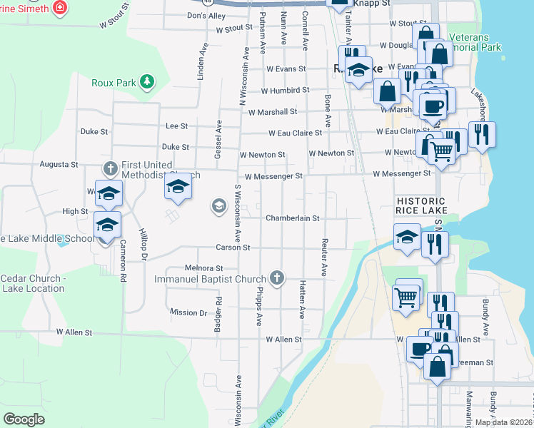 map of restaurants, bars, coffee shops, grocery stores, and more near 108 Noble Avenue in Rice Lake
