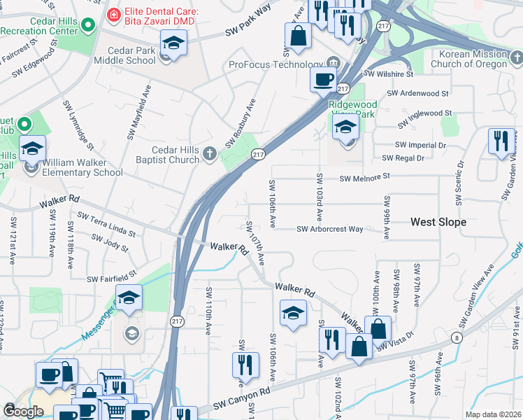 map of restaurants, bars, coffee shops, grocery stores, and more near 10640 Southwest Hawthorne Lane in Portland