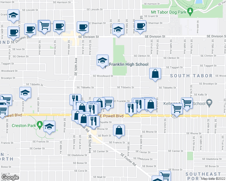 map of restaurants, bars, coffee shops, grocery stores, and more near 3112 Southeast 55th Avenue in Portland