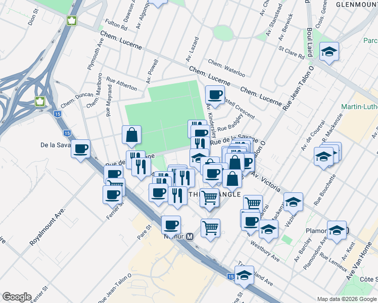 map of restaurants, bars, coffee shops, grocery stores, and more near 4950 Rue de la Savane in Montréal