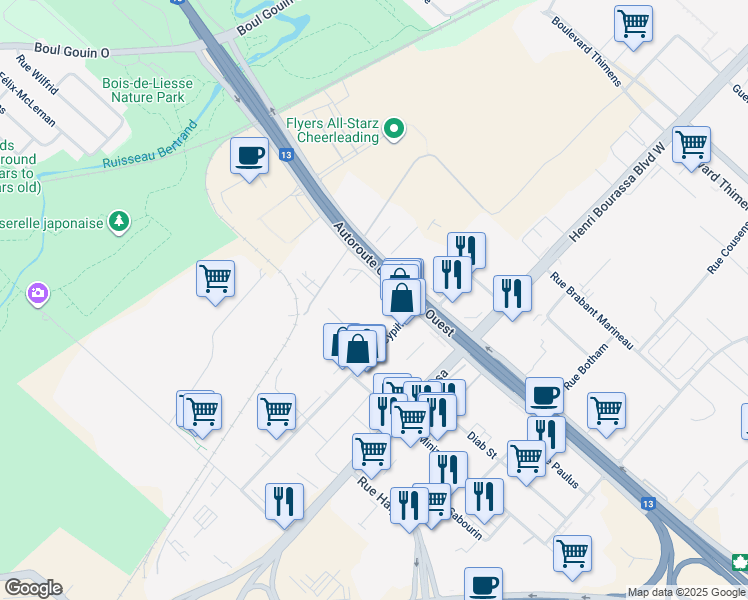 map of restaurants, bars, coffee shops, grocery stores, and more near 5555 Rue Cypihot in Montréal