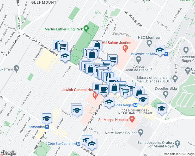 map of restaurants, bars, coffee shops, grocery stores, and more near 5833 Chemin de la Côte-des-Neiges in Montréal