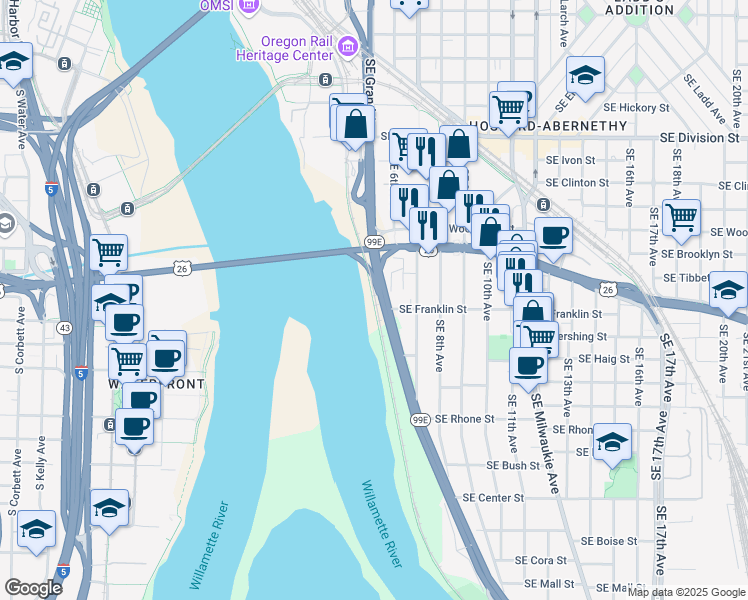 map of restaurants, bars, coffee shops, grocery stores, and more near Springwater on the Willamette in Portland