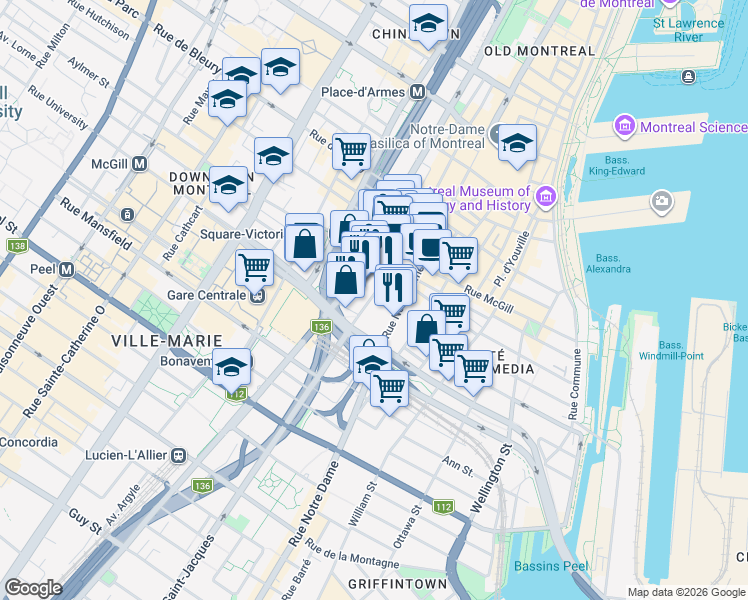 map of restaurants, bars, coffee shops, grocery stores, and more near 720 Rue Saint-Jacques in Montréal