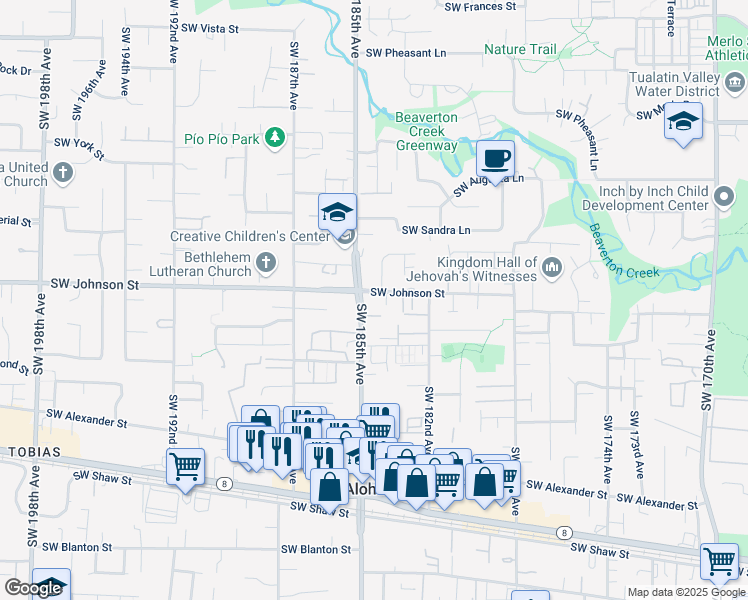 map of restaurants, bars, coffee shops, grocery stores, and more near 2800 Southwest 185th Avenue in Beaverton