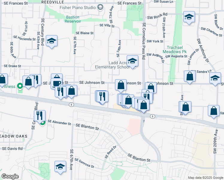 map of restaurants, bars, coffee shops, grocery stores, and more near 2796 Southeast 73rd Avenue in Hillsboro