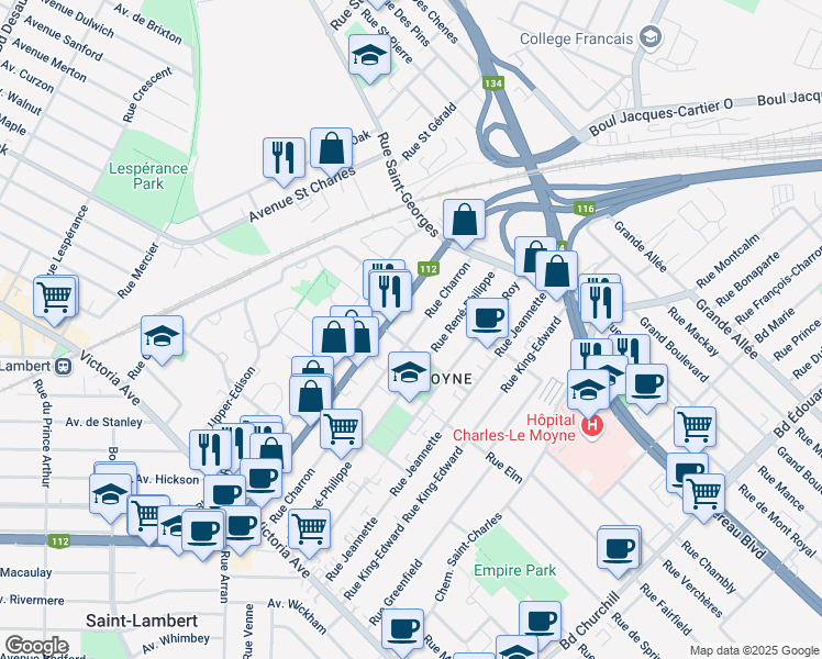 map of restaurants, bars, coffee shops, grocery stores, and more near 209 Rue Charron in Longueuil