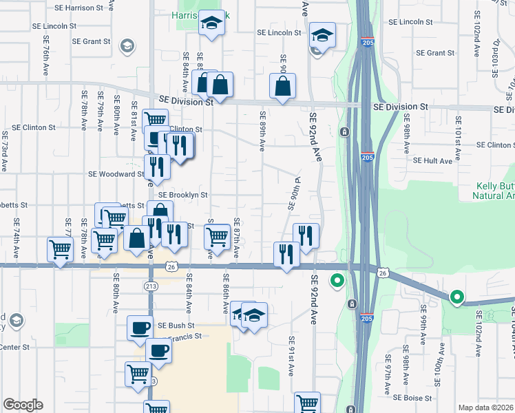 map of restaurants, bars, coffee shops, grocery stores, and more near 3107 Southeast 89th Avenue in Portland