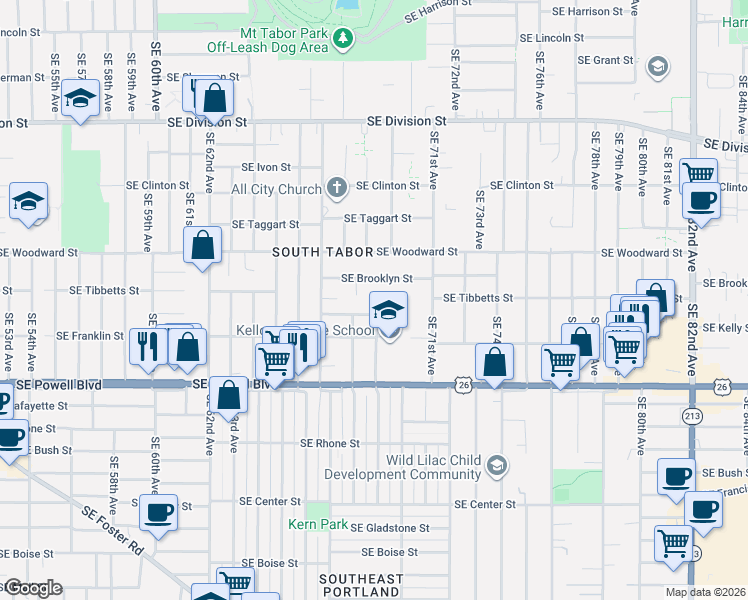 map of restaurants, bars, coffee shops, grocery stores, and more near 6900 Southeast Brooklyn Street in Portland