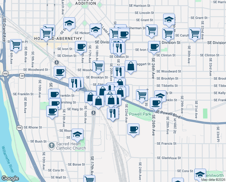 map of restaurants, bars, coffee shops, grocery stores, and more near 3220 Southeast 19th Avenue in Portland