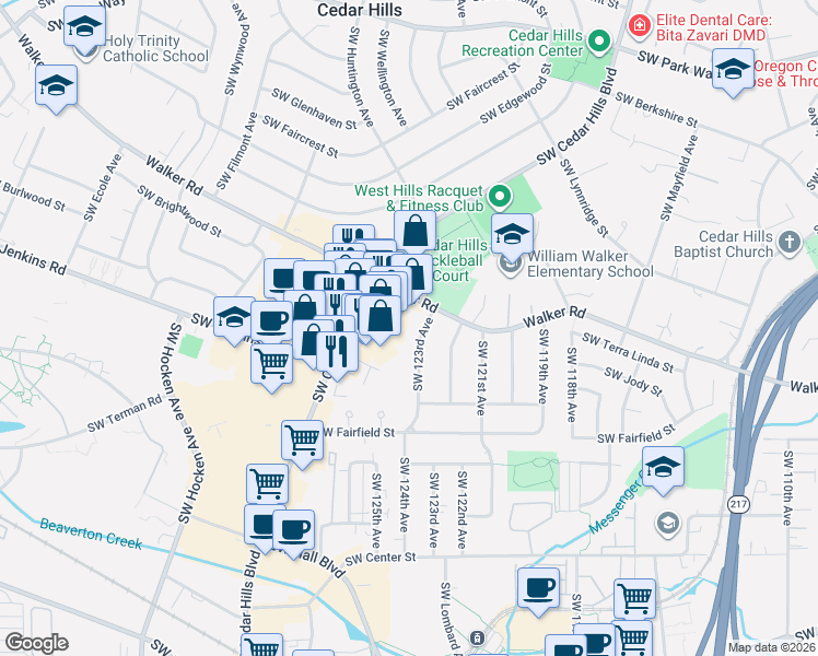 map of restaurants, bars, coffee shops, grocery stores, and more near 2770 Southwest Cedar Hills Boulevard in Beaverton