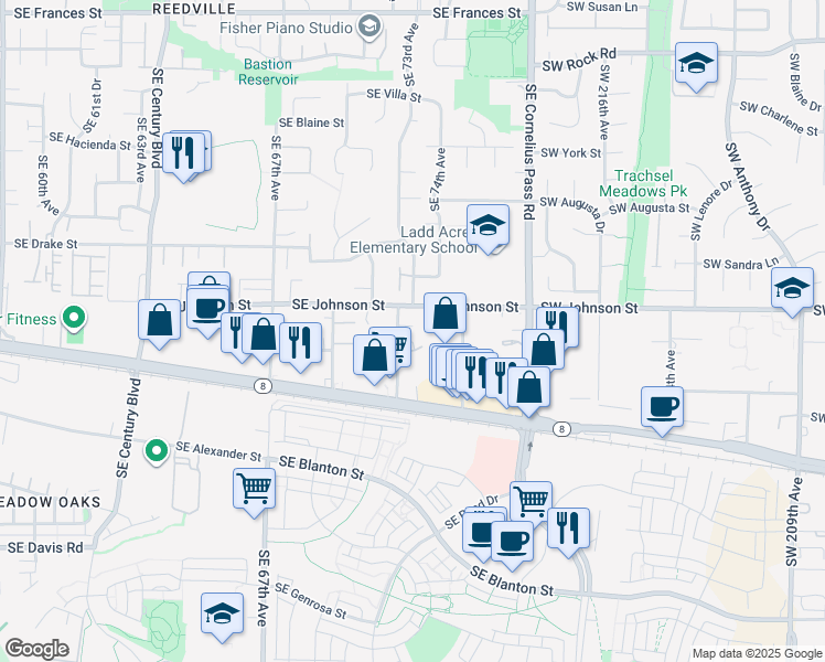 map of restaurants, bars, coffee shops, grocery stores, and more near 2796 Southeast 73rd Avenue in Hillsboro