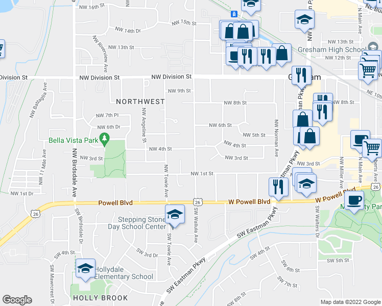 map of restaurants, bars, coffee shops, grocery stores, and more near 333 Northwest Wallula Avenue in Gresham