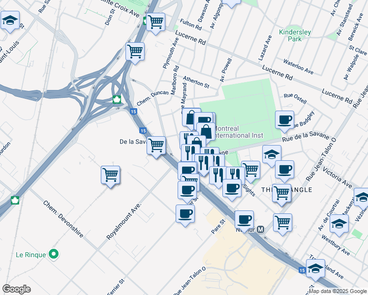 map of restaurants, bars, coffee shops, grocery stores, and more near 5196 Rue de la Savane in Montréal