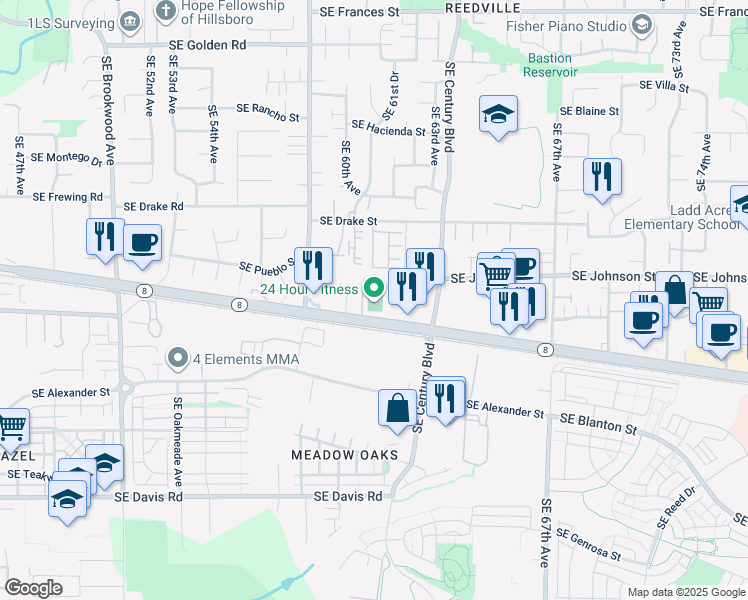 map of restaurants, bars, coffee shops, grocery stores, and more near 6005 Southeast Tualatin Valley Highway in Hillsboro