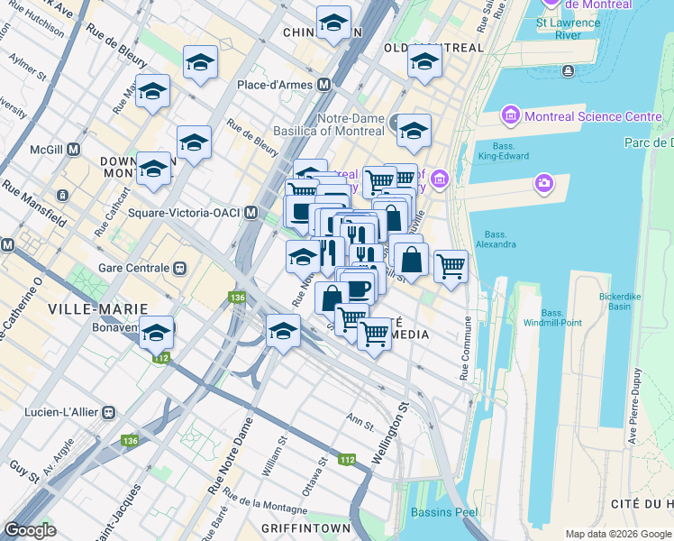 map of restaurants, bars, coffee shops, grocery stores, and more near 635 Rue Saint-Maurice in Montréal