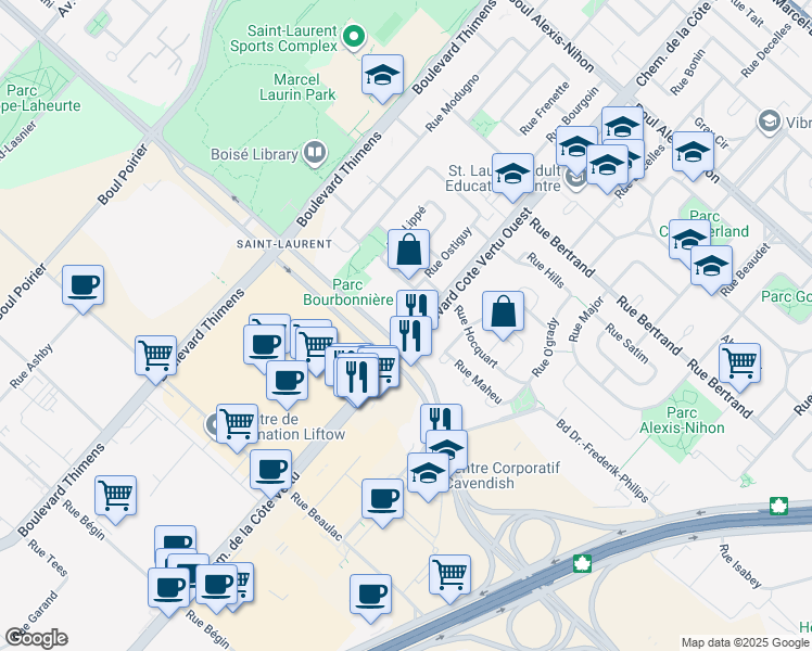 map of restaurants, bars, coffee shops, grocery stores, and more near 11015 Boulevard Cavendish in Montrã©Al