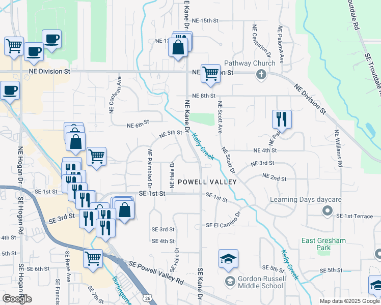 map of restaurants, bars, coffee shops, grocery stores, and more near 395 Northeast Kane Drive in Gresham