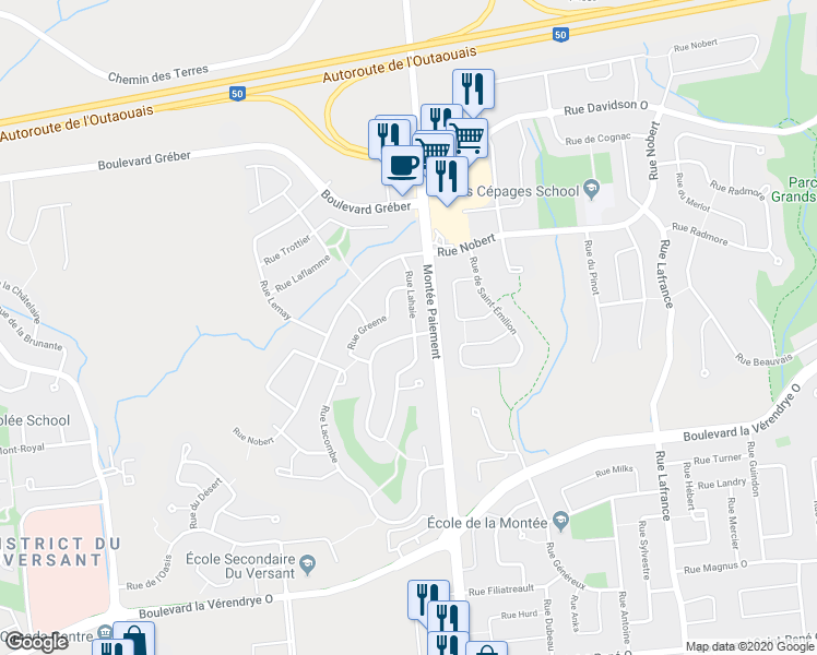 map of restaurants, bars, coffee shops, grocery stores, and more near 653 Rue Lahaie in Gatineau