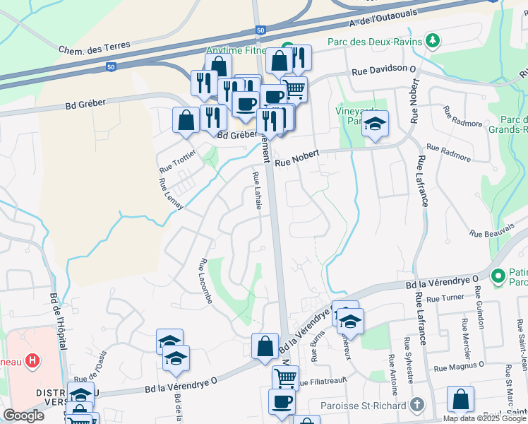 map of restaurants, bars, coffee shops, grocery stores, and more near 388 Rue Lahaie in Gatineau