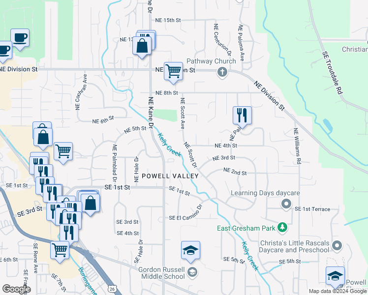 map of restaurants, bars, coffee shops, grocery stores, and more near 379 Northeast Scott Avenue in Gresham