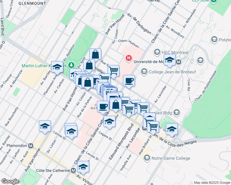 map of restaurants, bars, coffee shops, grocery stores, and more near 3400 Place Decelles in Montréal