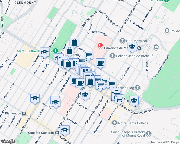 map of restaurants, bars, coffee shops, grocery stores, and more near 3400 Place Decelles in Montréal