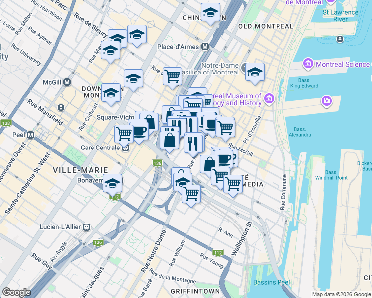 map of restaurants, bars, coffee shops, grocery stores, and more near 720 Rue Saint-Jacques in Montréal