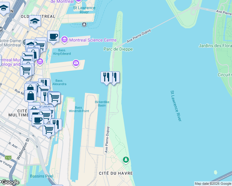 map of restaurants, bars, coffee shops, grocery stores, and more near 2600 Avenue Pierre-Dupuy in Montrã©Al