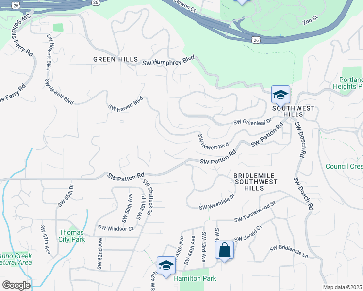map of restaurants, bars, coffee shops, grocery stores, and more near 4444 Southwest Ormandy Way in Portland