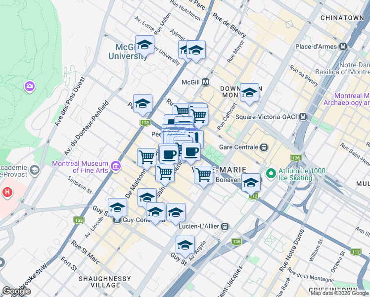 map of restaurants, bars, coffee shops, grocery stores, and more near in Montreal