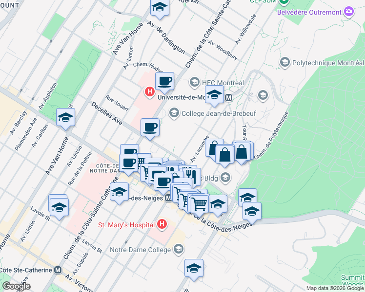 map of restaurants, bars, coffee shops, grocery stores, and more near 3189 Boulevard Edouard-Montpetit in Montréal