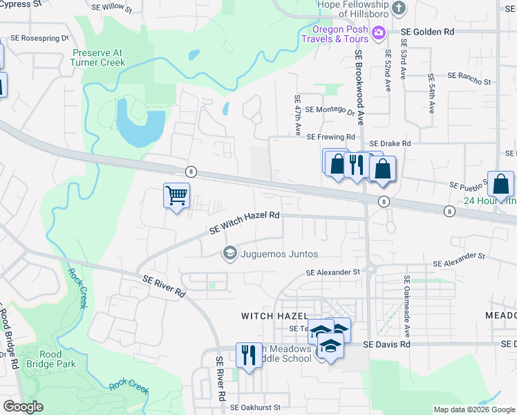 map of restaurants, bars, coffee shops, grocery stores, and more near 4446 Southeast Witch Hazel Road in Hillsboro