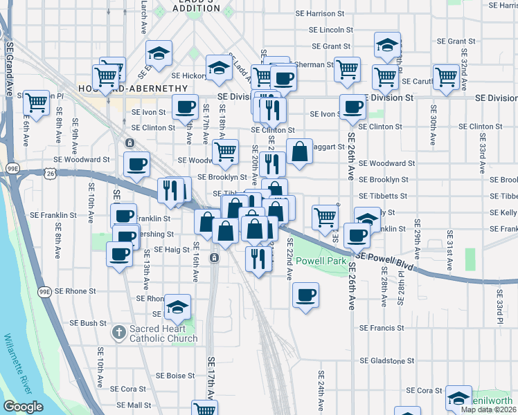 map of restaurants, bars, coffee shops, grocery stores, and more near 3220 Southeast 19th Avenue in Portland