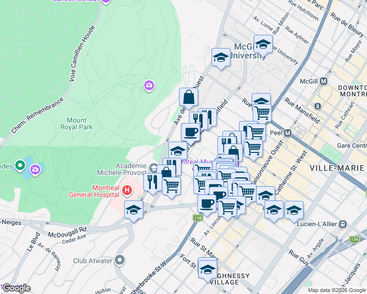 map of restaurants, bars, coffee shops, grocery stores, and more near 1425 Avenue du Docteur-Penfield in Montrã©Al